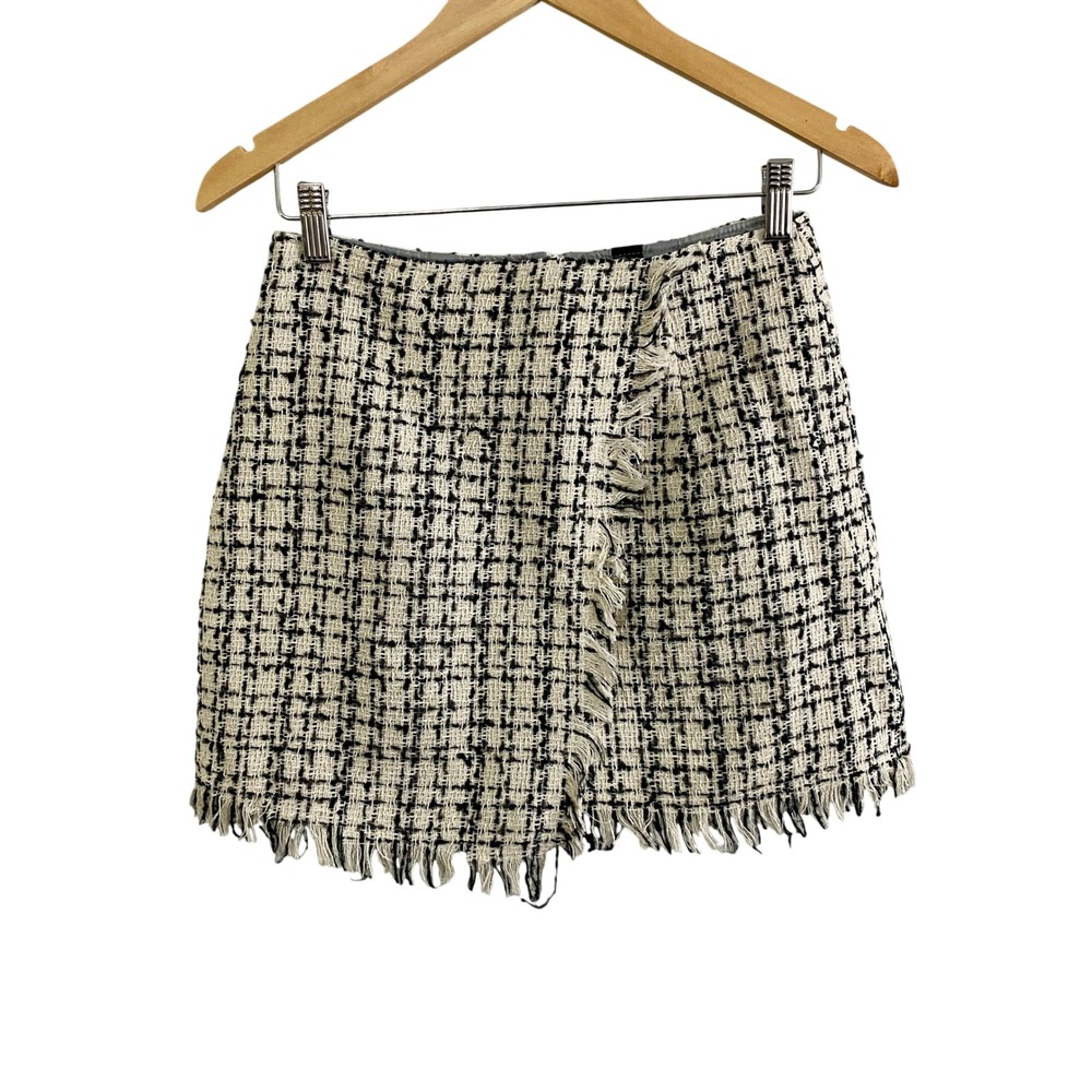 NWT Cider Tweed Mini Skirt Women Sz S Black White Wrap Fringed Dark Academia